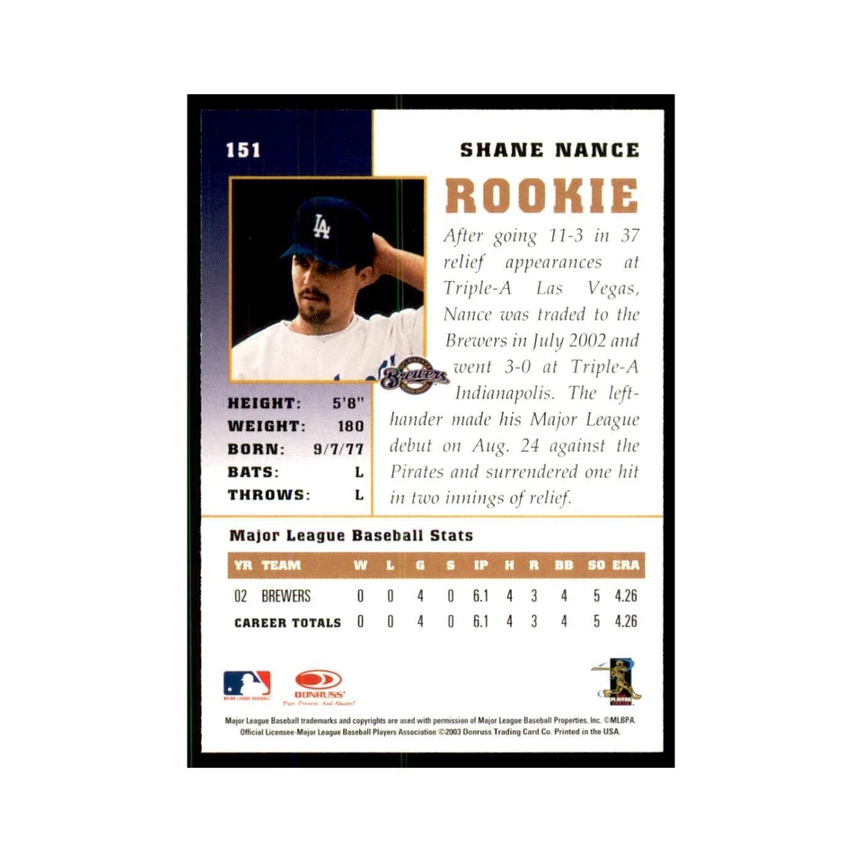 2003 Donruss Champions Shane Nance Baseball Cards #151 - Image 2 of 3