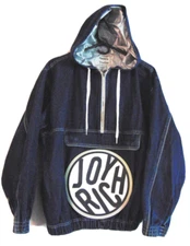 JOY RICH MENS PULL OVER DENIM JACKET ROCKRIO STUDIOS 2008 HI-TECH GEAR HOODIE~M