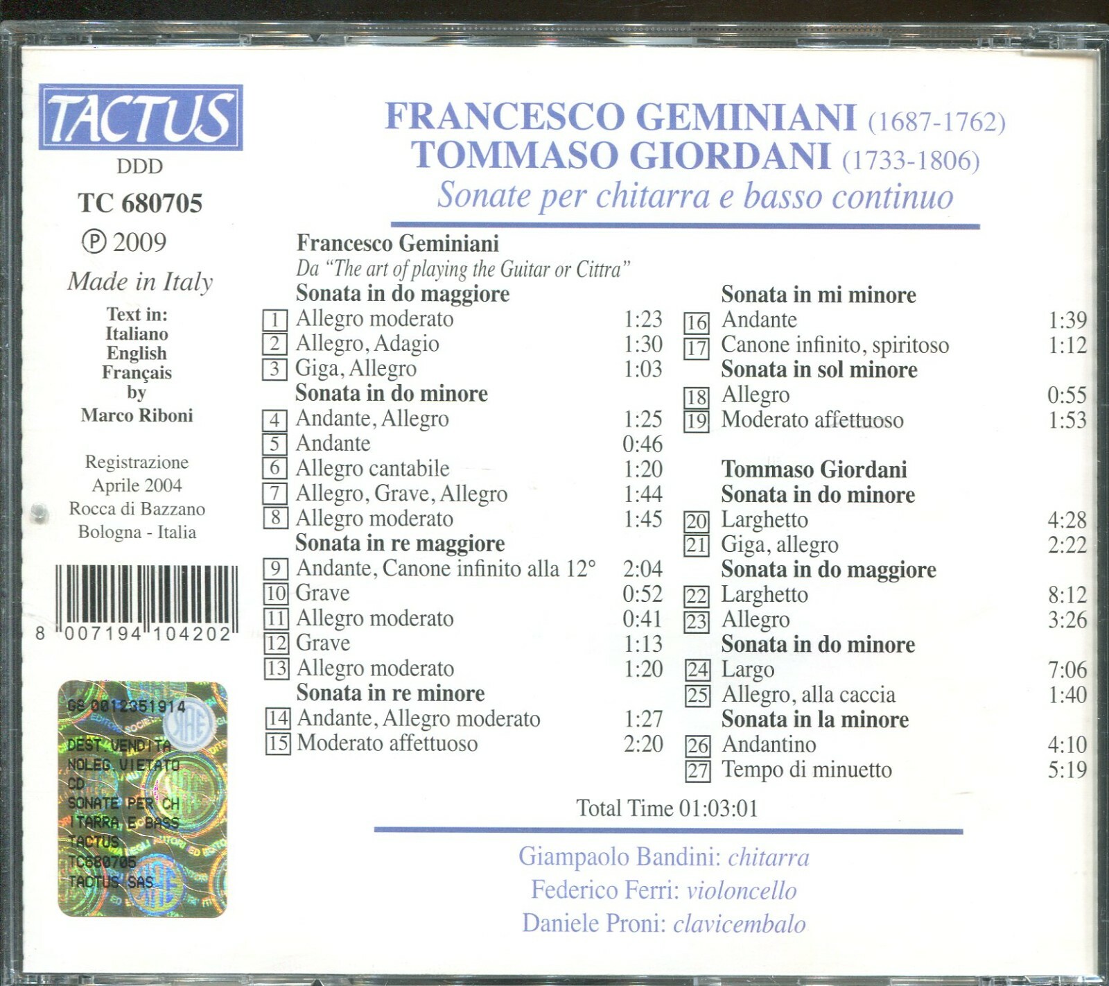 Francesco Geminiani/Tommaso Giordani: Sonate Per Chitarra foto 2
