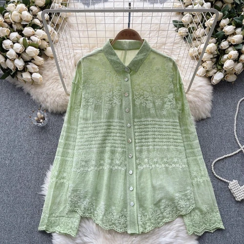 Lady Blouse Shirt Top Lace Floral Embroidery Button Ethnic Long Sleeve Basic New - Picture 20 of 31