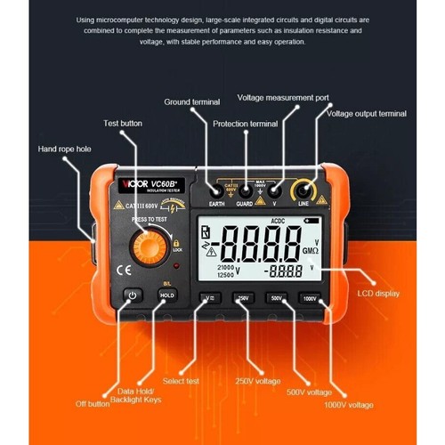 VC60B+ Digital Insulation Resistance Tester Megohmmeter 250V500V1000V 0.1-4999MΩ - Picture 11 of 20