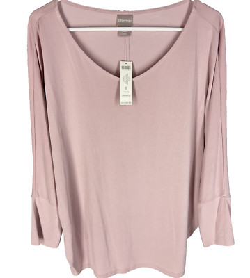 Chico's Shirt Size 2 Womens Large Pink Sandwash Venetian Pink V-Neck NEW $59
