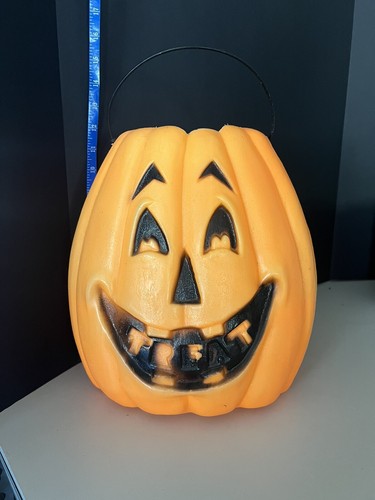 Vtg Pumpkin Blow Mold BIG Bucket Treat Candy Halloween 12”x 11.5x8 Orig Handle