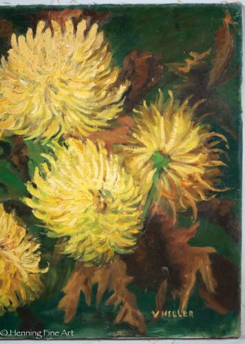 Hermosa pintura al óleo de mediados de siglo bodegón floral de crisantemos amarillos - Imagen 3 de 8