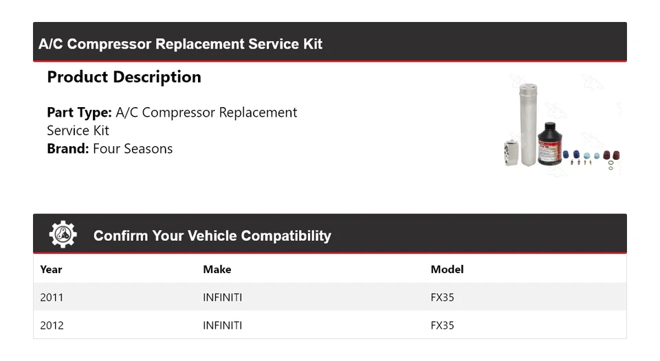 Kit de servicio de reemplazo de compresor de aire acondicionado Infiniti FX35 2011-2012 4 estaciones Foto 2 de 4