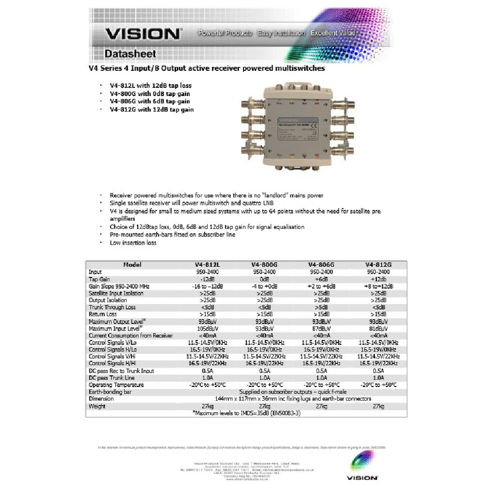 Vision V4-812L Cascadable Line Powered Multiswitch 12dB Gain 4×8 Way - Image 3 of 3