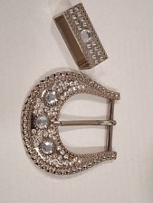 Silvertone Concho Metal Belt Buckle Set Bling Clear Crystal Rhinestones