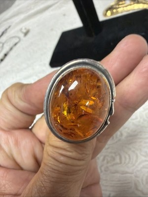 Vintage 925 Sterling Art Nouveau Cognac/Honey Baltic Amber Ring Inclusions 7.75
