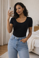 CIDER Black Fitted Bodysuit Women s Large Scoop Neck Short Sleeve Top