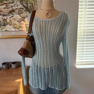 J.Jill Baby Blue 100% Linen Crochet Long Sleeve Tunic Top Petite S Y2K Boho