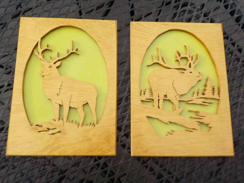 2 Folk Art Laser Cut Wood Pictures of Elk Signed on the Back 2002 8 x 6"