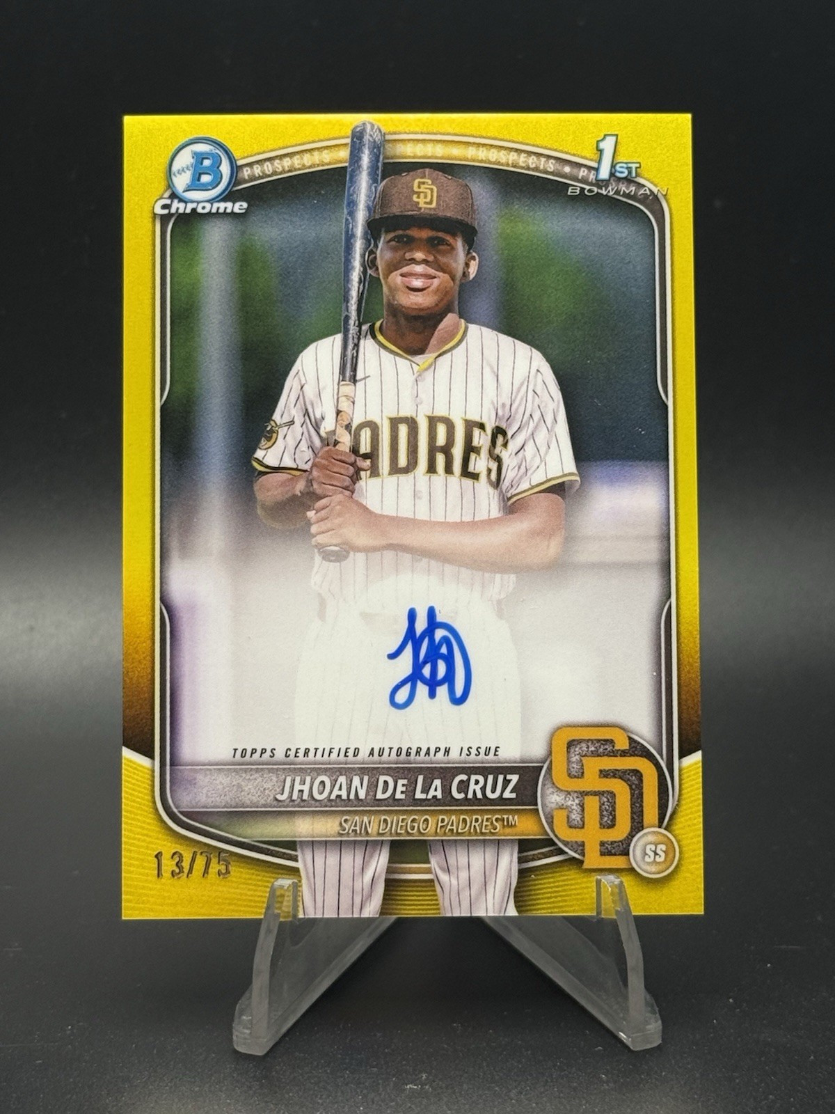 2025 Topps Bowman Chrome Yellow Jhoan De La Cruz 1st Auto 13/75 Padres