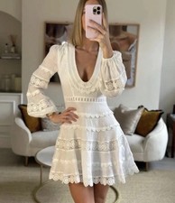 Zimmermann Castile Plunge Dress Size 0 AU 8 US 4 Linen Tiered Lined Lace Bridal