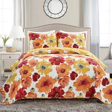 Leah Reversible Floral Quilt Set 3 Piece Set Full/ Queen Red  Orange Watercolor