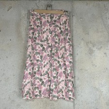 Vintage Pink green White floral button up belted Midi Skirt medium