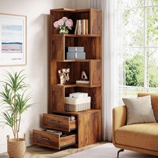 5-Tier Corner Bookshelf, 69.9'' Mid-Century Modern Corner Bookcase with Drawers