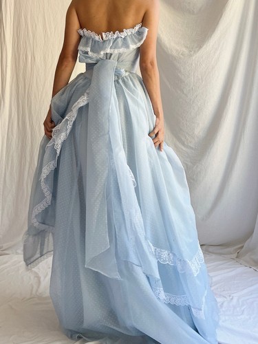 Vintage Victorian Gunne Sax Maxi Dress Sz 13 Prairie blue polka dot lace Stained - Picture 23 of 24