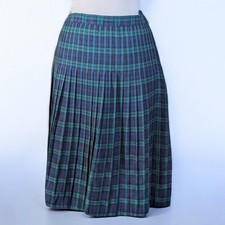 Vintage 70s Tartan Plaid Pleated Midi Skirt Blue Green Navy Dark Academia Preppy