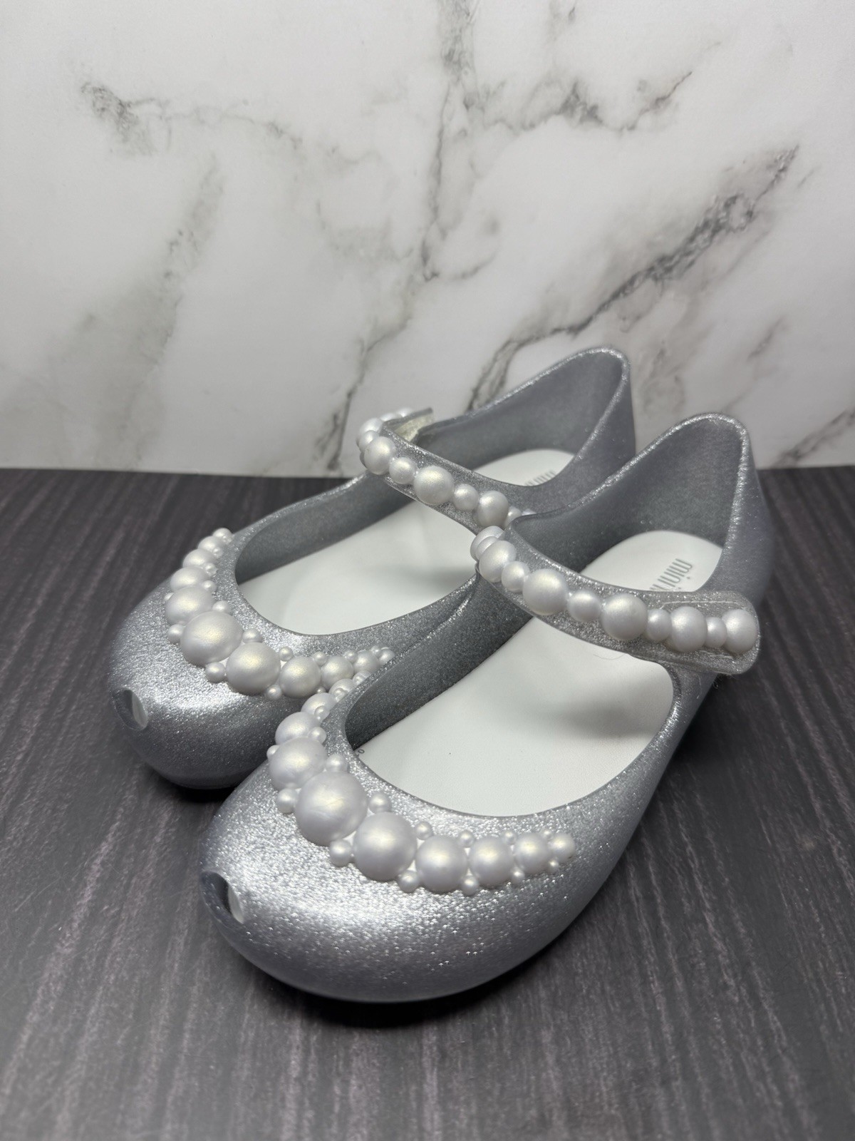 Mini Melissa Girls Ultragirl Flower Mary Janes Pearl Silver Size 12,5 US