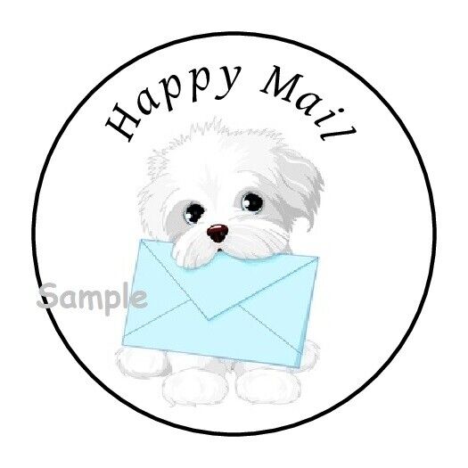 30 CUTE PUPPY HAPPY MAIL ENVELOPE SEALS LABELS STICKERS 1.5" ROUND GIFTS