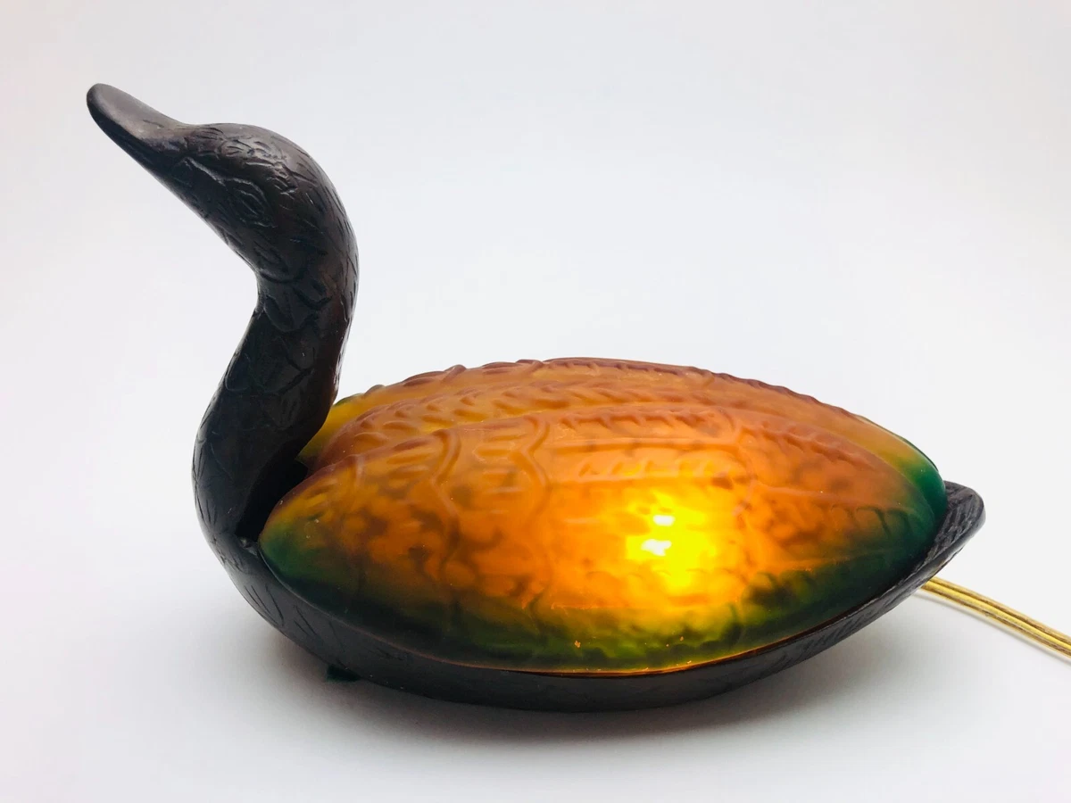 Duck Cast Iron Table Lamp Amber and Green Textured Satin Glass Vintage