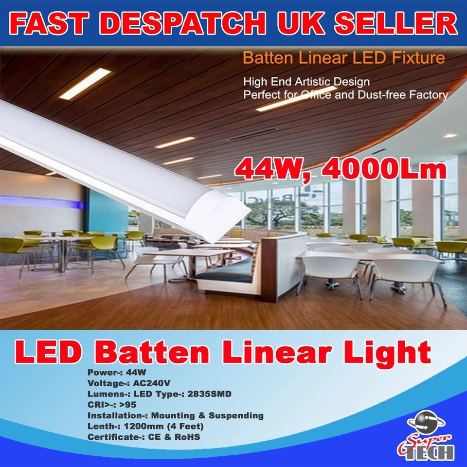 44W WARM WHITE 4000Lm 1200MM SLIM LED BATTEN LINEAR LIGHT SURFACE MOUNTED T8 UK - Image 4 of 4