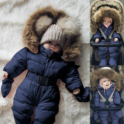 Jackets Hooded Overall Infant Girl Baby Winter Fur Collar Playsuit Snowsuit Coat - Picture 4 of 6