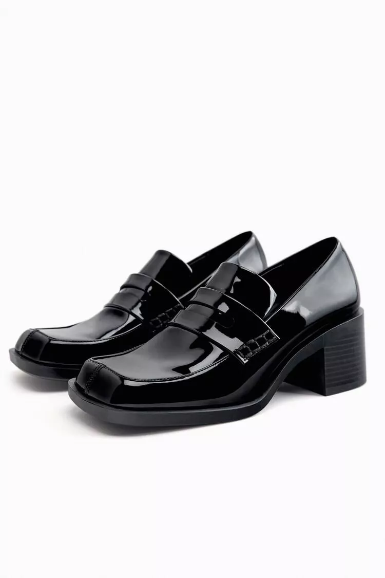 Zara Black Faux Patent Leather Heeled Loafers Size 37 US 6.5 Retail 69