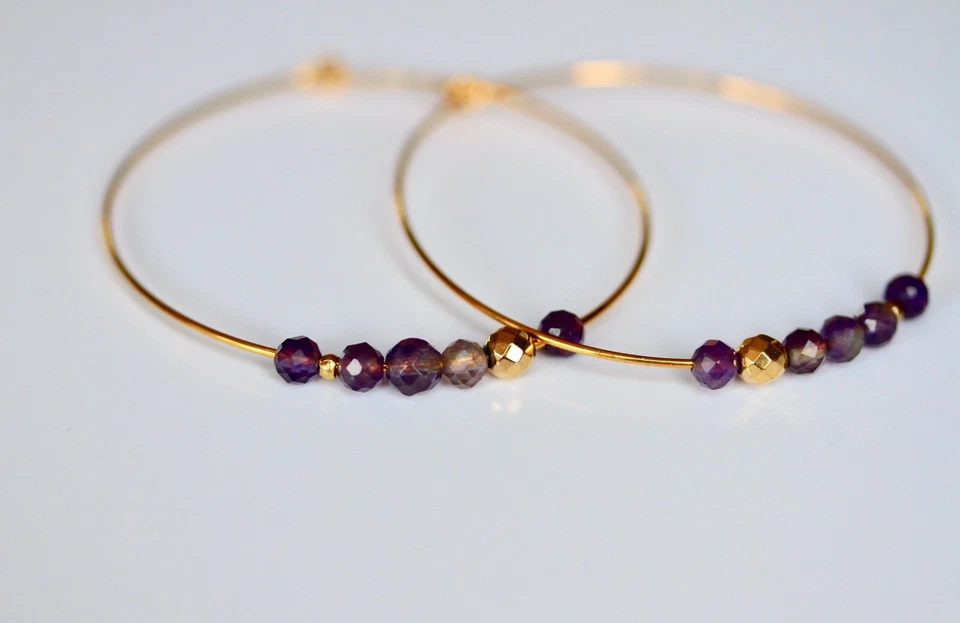 Creole Amethyst Perlen gold Geburtsstein Ohrringe Geschenk Frau Schwester - Bild 4 von 4