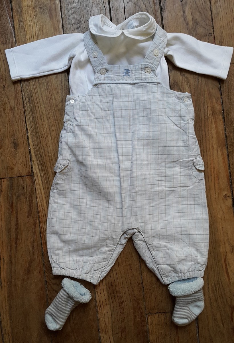 Ensemble Bébé 1 Mois : Salopette Cyrillus Et Body Col Jacadi - Blanc, Excellent état