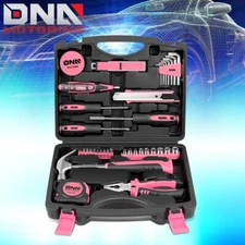46PCS HOUSEHOLD HAND TOOL KIT SCREWDRIVER SOCKETS HAMMER TEST PEN TOOLBOX PINK