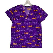 Halloween Scrub Top Sz S Scaredy Cat Boo Kitty V Neck Stretch Healthcare EVS