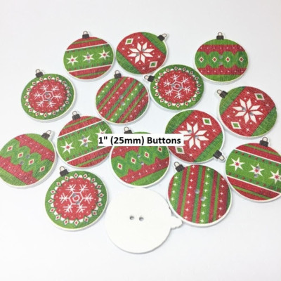 Pkg of 10 CHRISTMAS ORNAMENT 2-hole White Wood Craft Buttons 1'' (25mm) (S409)