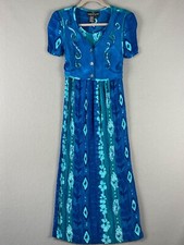 Vintage Carole Little Dress Womens 4 Blue Crinkle Embroidery Floral Artsy USA