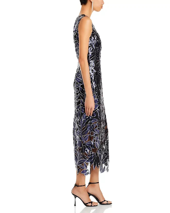 MILLY Kinsley Floral blk/navy Sequin Lace Embroidered Cocktail Midi Dress Sz 8 MILLY Kinsley Floral blk/navy Sequin Lace Embroidered Cocktail Midi Dress Sz 8