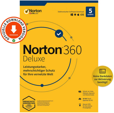 Norton 360 Deluxe| 5 Geräte| 1 Jahr|kein autom. Abo|Key schnell per eMail|ESD