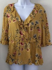 Sundance Yellow Calla Floral Peplum Blouse Faux Wrap Top Romantic Sz Medium