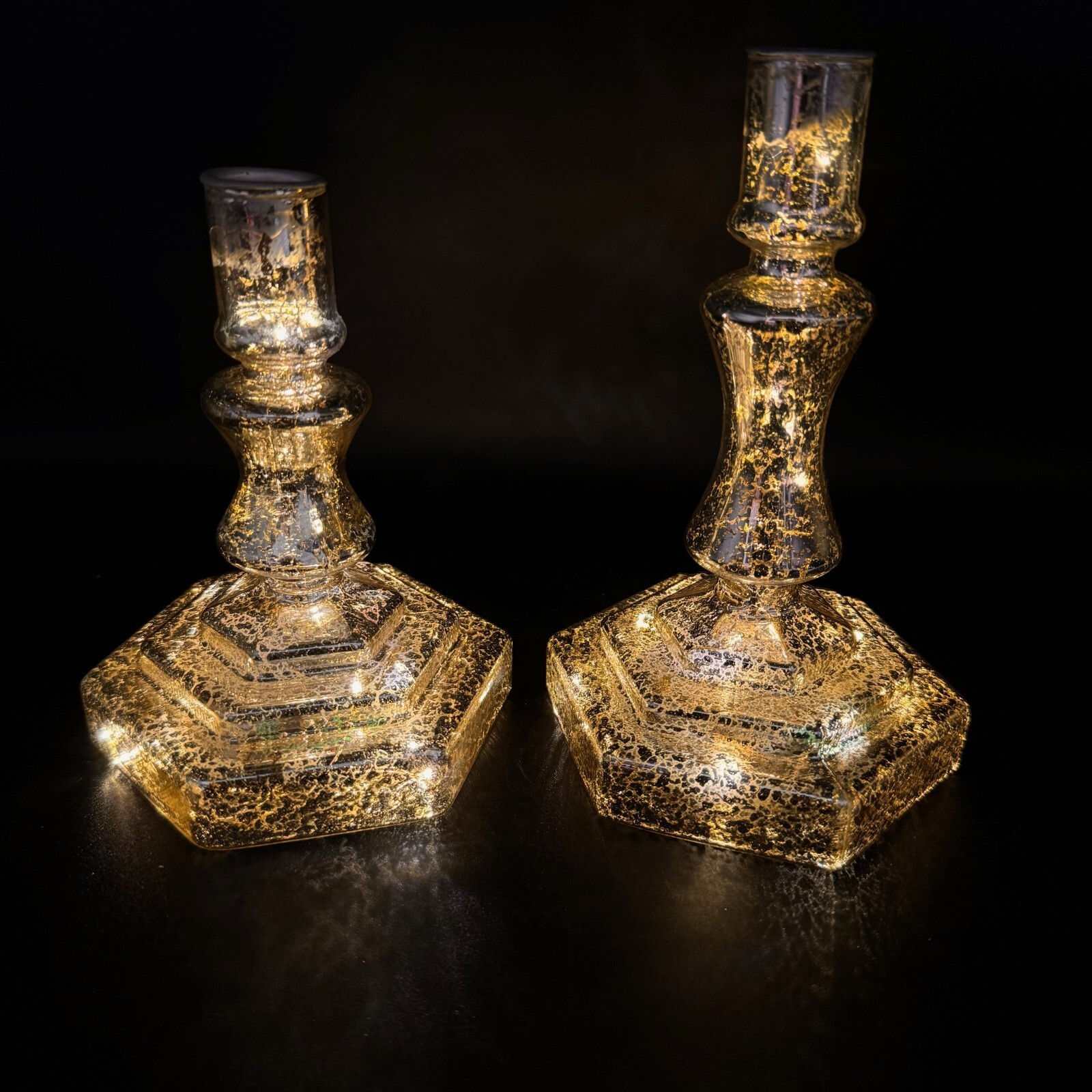 2 Kerzenständer aus Glas Stabkerzen, Kerzenhalter, LED Lichterkette Timer Silber