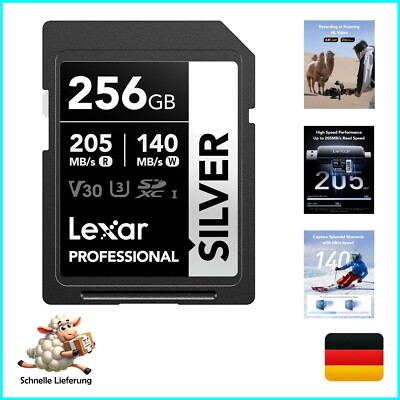Lexar Silver SD Karte 256GB, UHS-I SDXC Card 205 MB/s Read Speed, 140 MB/s Wr...