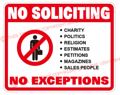 X2 (two) NO SOLICITING Full color high grade outdoor vinyl 4 x 3 inch