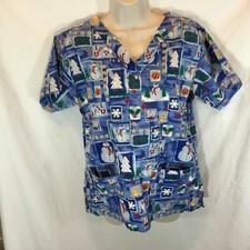Snow Happy Scrubs top Shirt Small Xmas snowman tree bulb present Medical Nurse