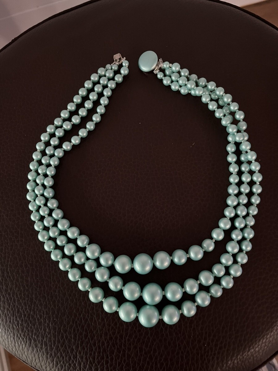 Vintage Triple Strand Faux Blue Pearl Necklace Heavy Weight High Quality  Japan