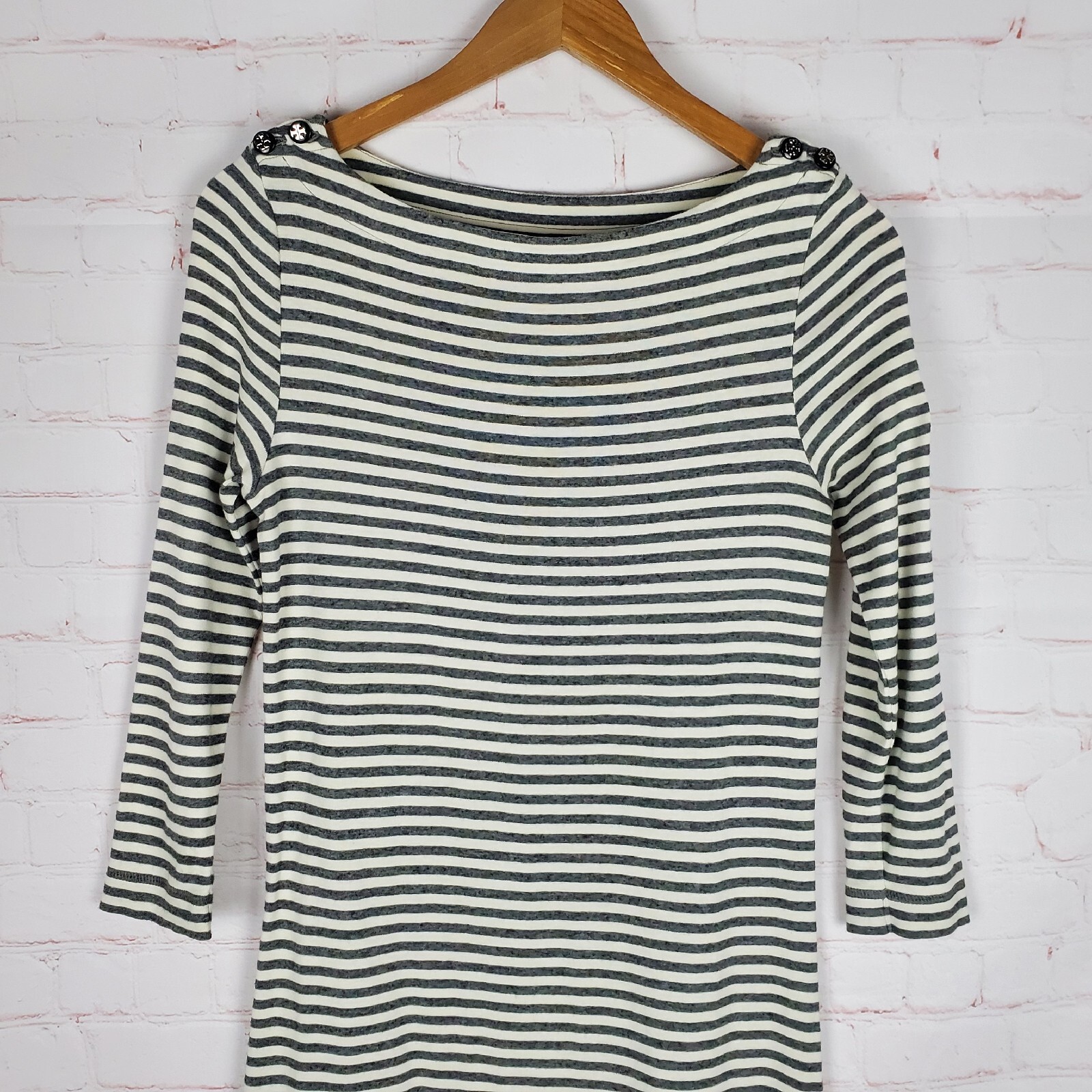 Tory Burch Pima Cotton 3/4 Sleeve Tee Shirt Dress XS Boat Neck Striped Logo Gray thumbnail 4