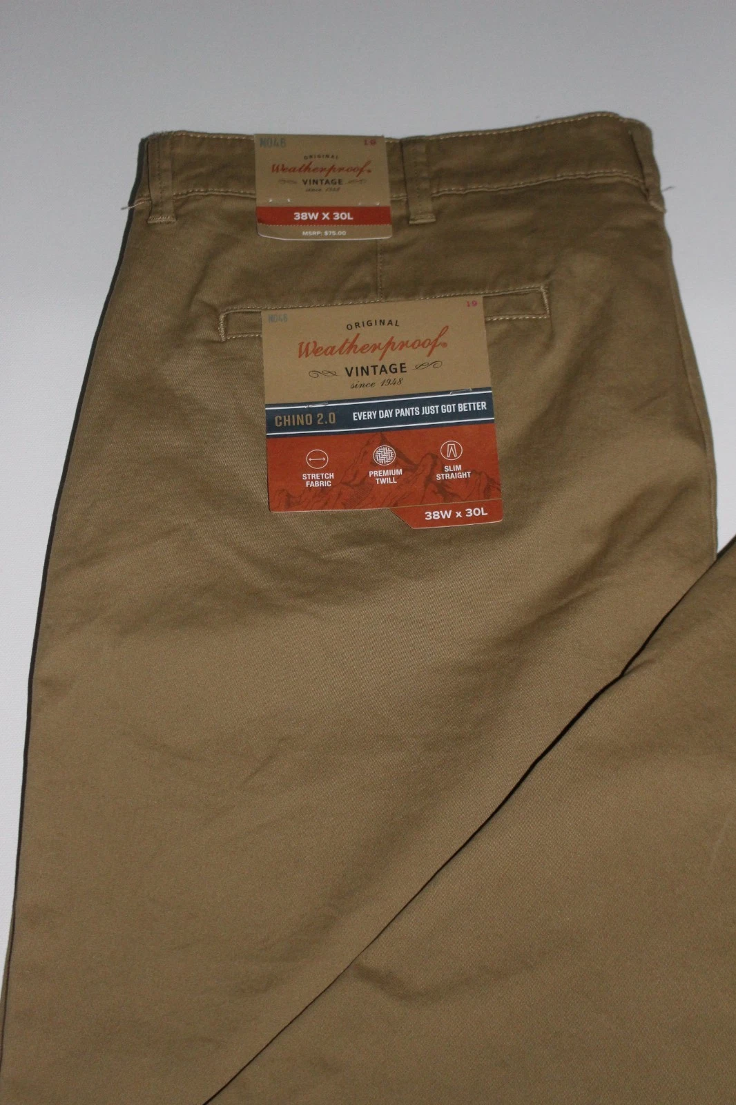 WEATHERPROOF VINTAGE CHINO 2.0 SLIM STRAIGHT FIT DARK KHAKI PANTS SZ: 38 X 30