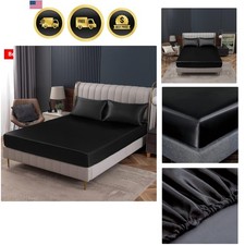Black Satin Fitted Sheet Queen Size, Deep Pocket, Luxury  Ultra Soft Bedding