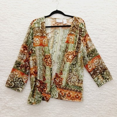 Cardigan Lightweight Open Floral Green Brown Rust Boho Earthcore Lagenlook Sz L