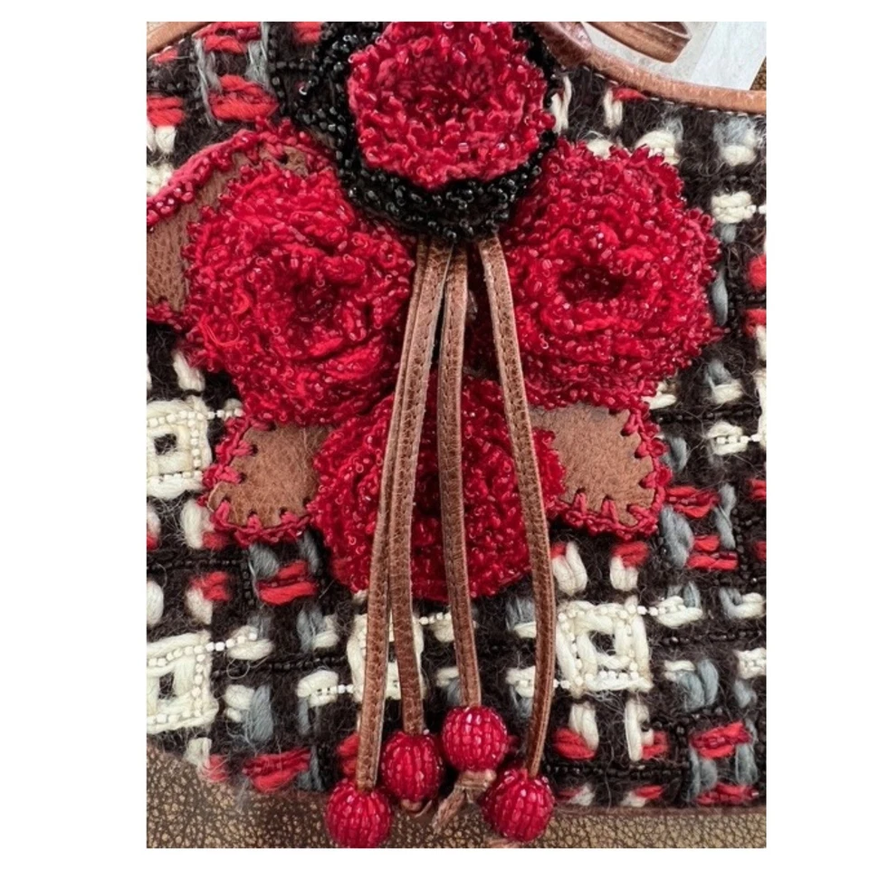 Isabella Fiore Vintage Bolso de Hombro Marrón Tejido Rojo Floral Cartera Foto 3 de 4