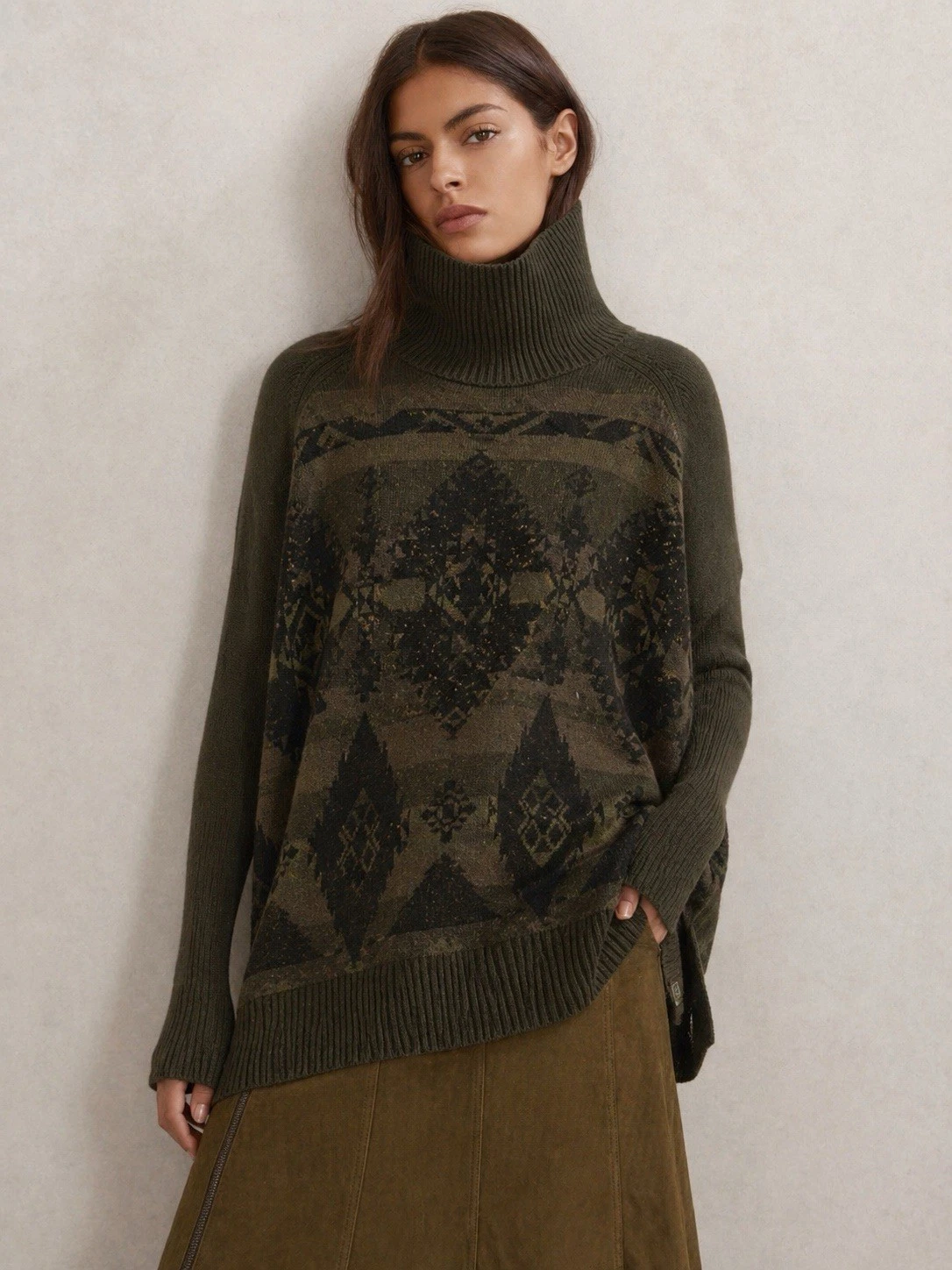 Polo Ralph Lauren Aztec Boho Turtleneck Poncho Sweater Wool Cashmere Oversized L