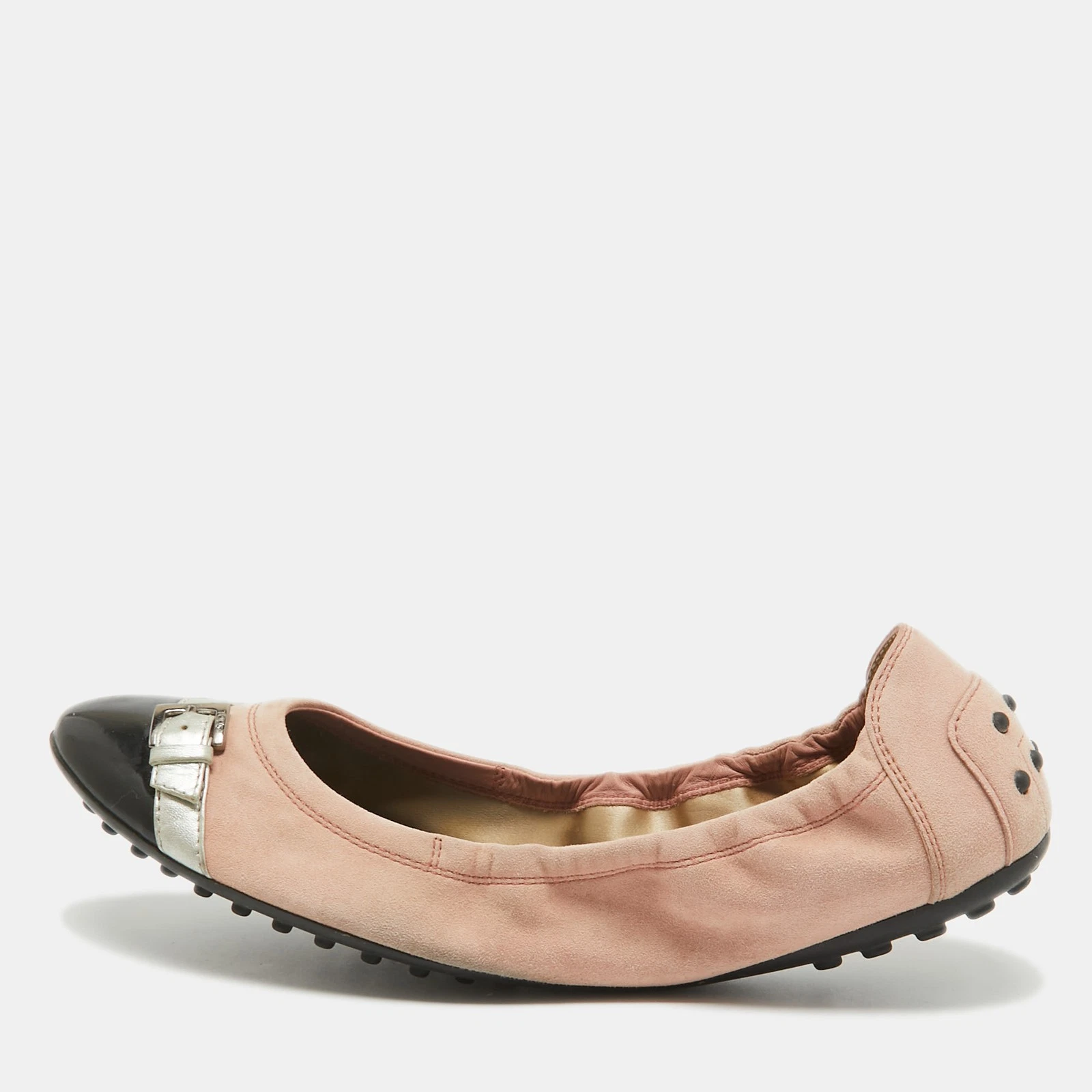 TOD’S Piastrelle da balletto scrunch in pelle scamosciata rosa e patinata dettaglio fibbia taglia 39 5