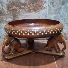 Vintage Wooden Bowl Elephant Base Bone Inlay Decorative Catchall Tray